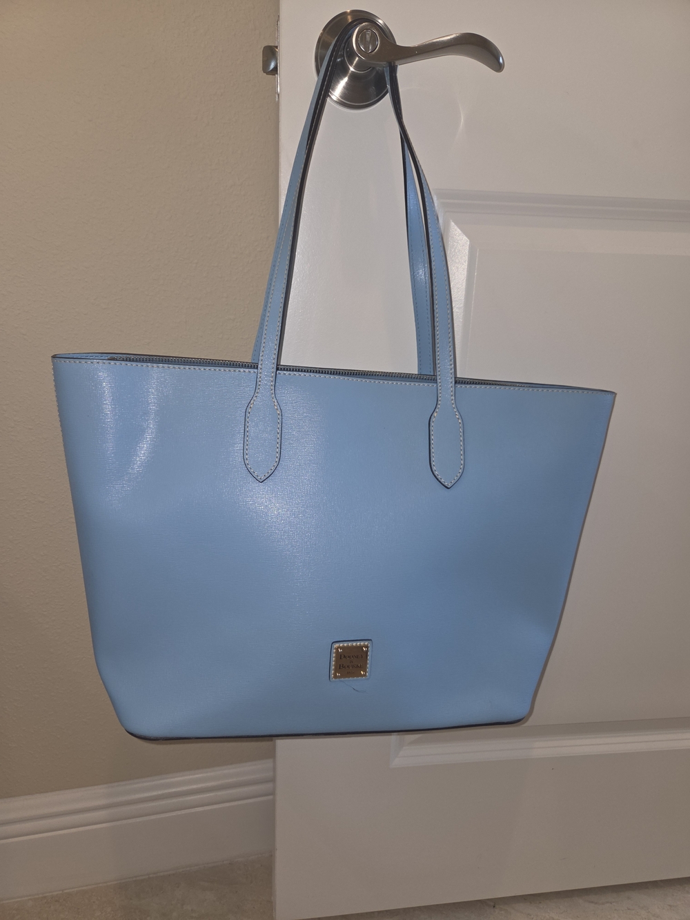Dooney & Bourke Light Blue Leather Tote With Dust Bag.